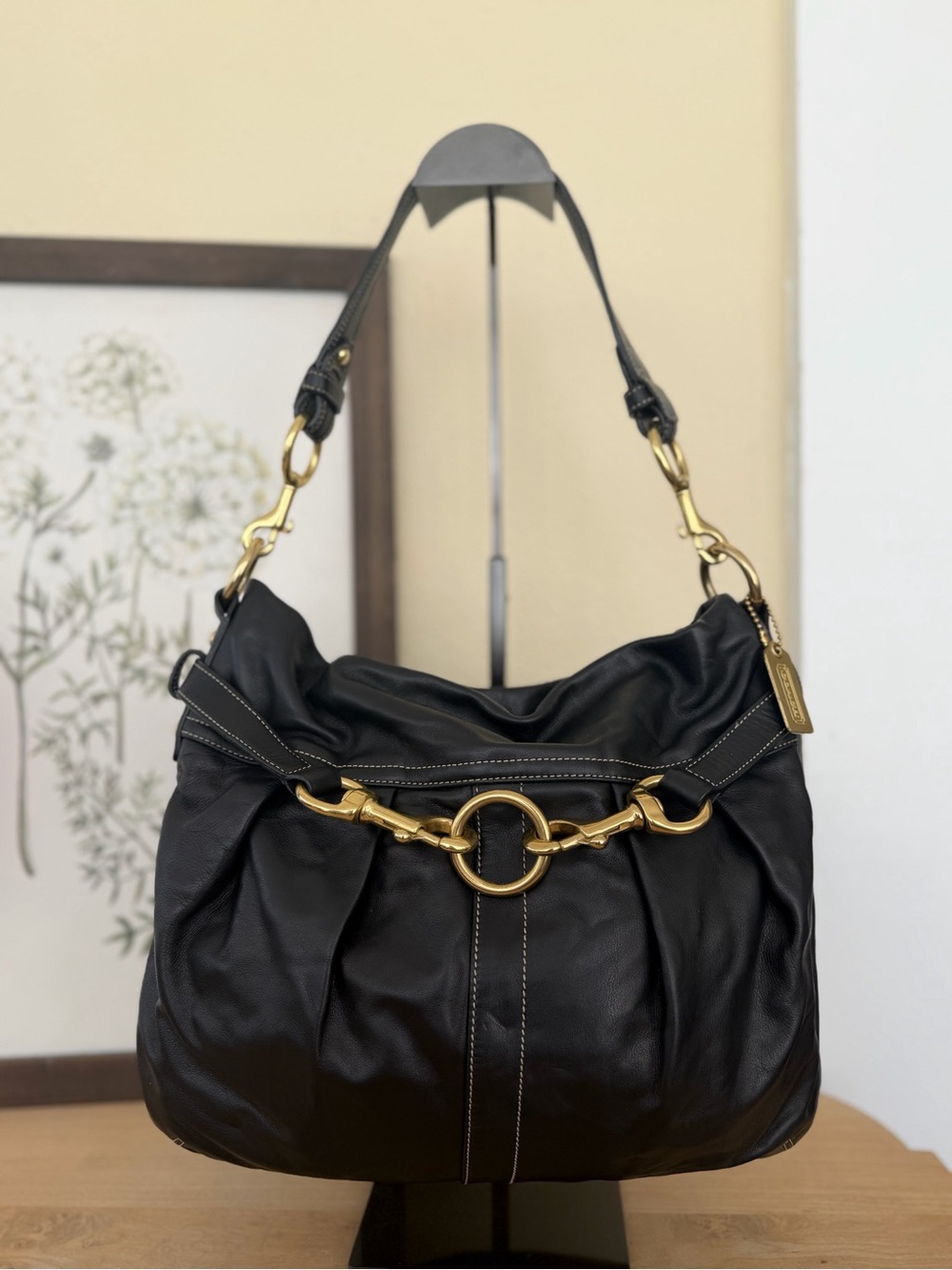 Black Coach Leather Hobo Bag with Brass Hardware